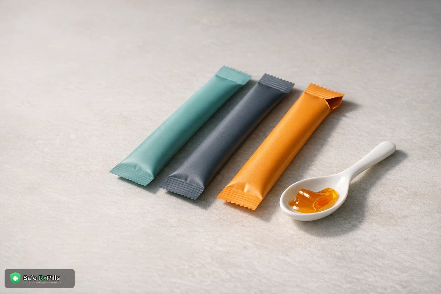 Three plain foil stick sachets in teal, grey and amber with a spoon of amber gel, representing sildenafil oral jelly