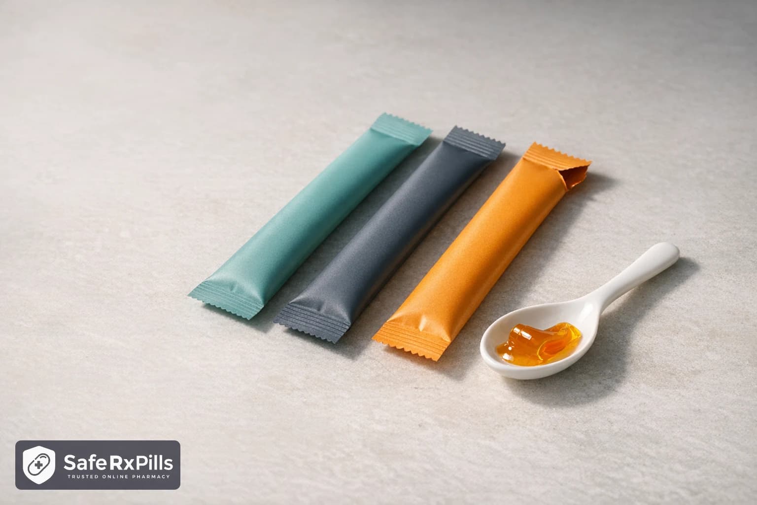 Three plain foil stick sachets in teal, grey and amber with a spoon of amber gel, representing sildenafil oral jelly