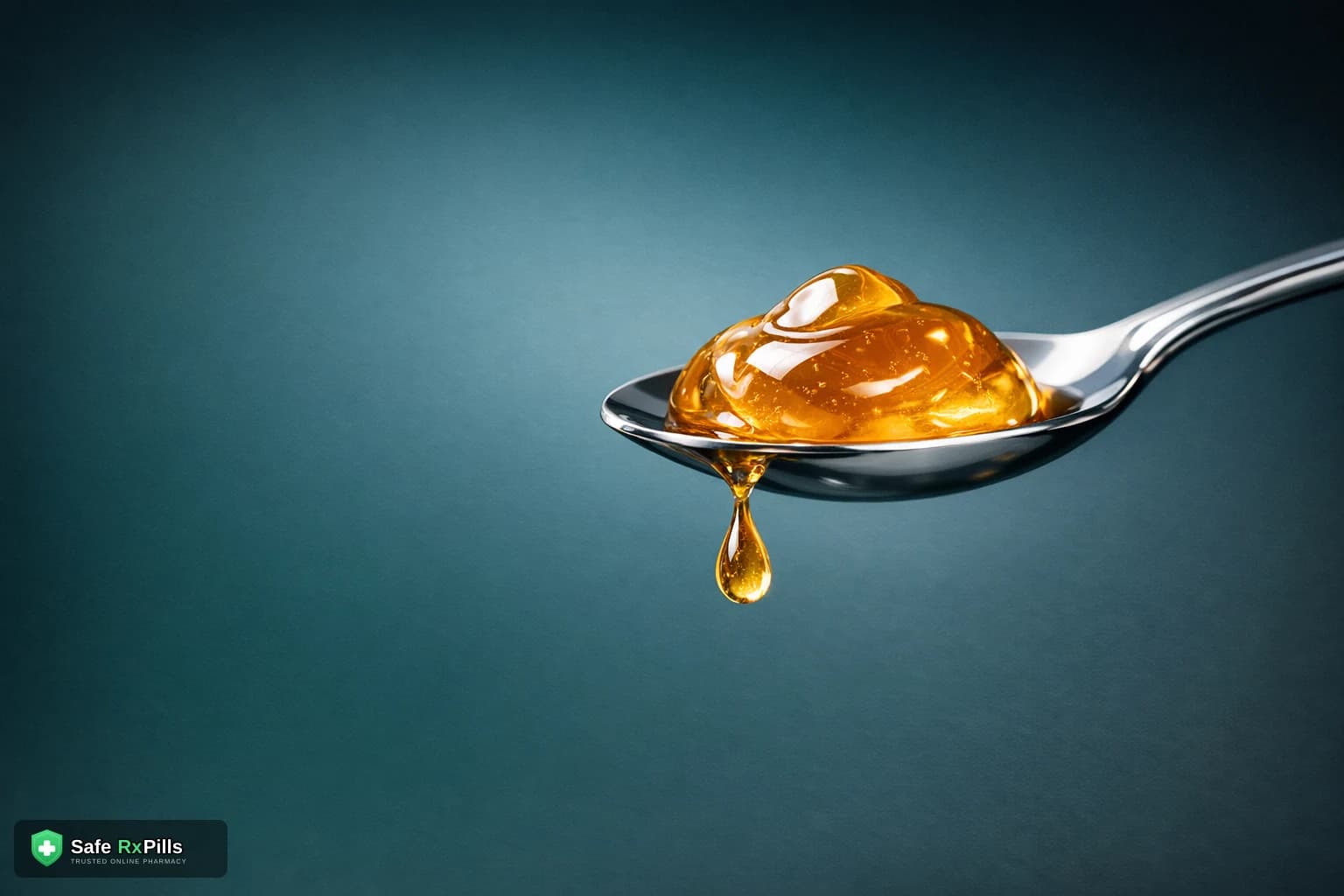 Silver teaspoon holding a mound of translucent amber gel with a drop falling from the tip