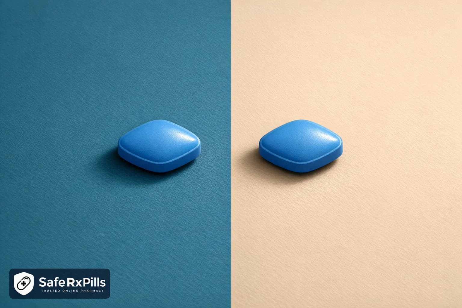 Two identical blue diamond-shaped tablets side by side on a background split into deep teal and warm sand halves