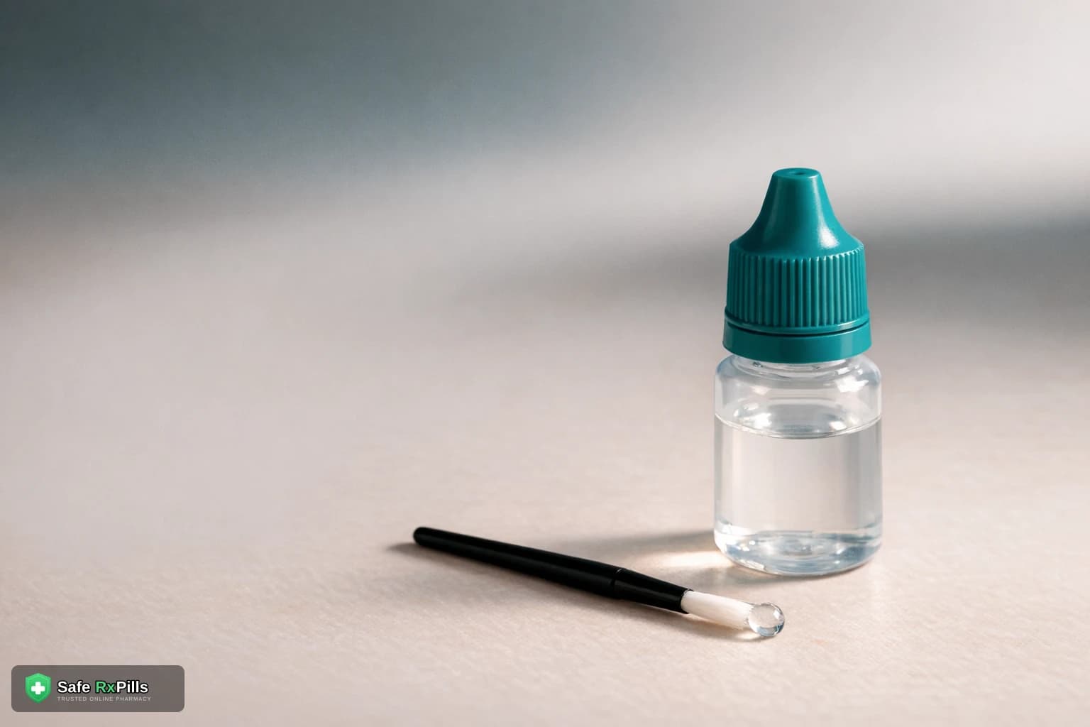 Single use lash applicator brush with a drop of clear solution beside an unlabeled eye drop bottle with a teal cap