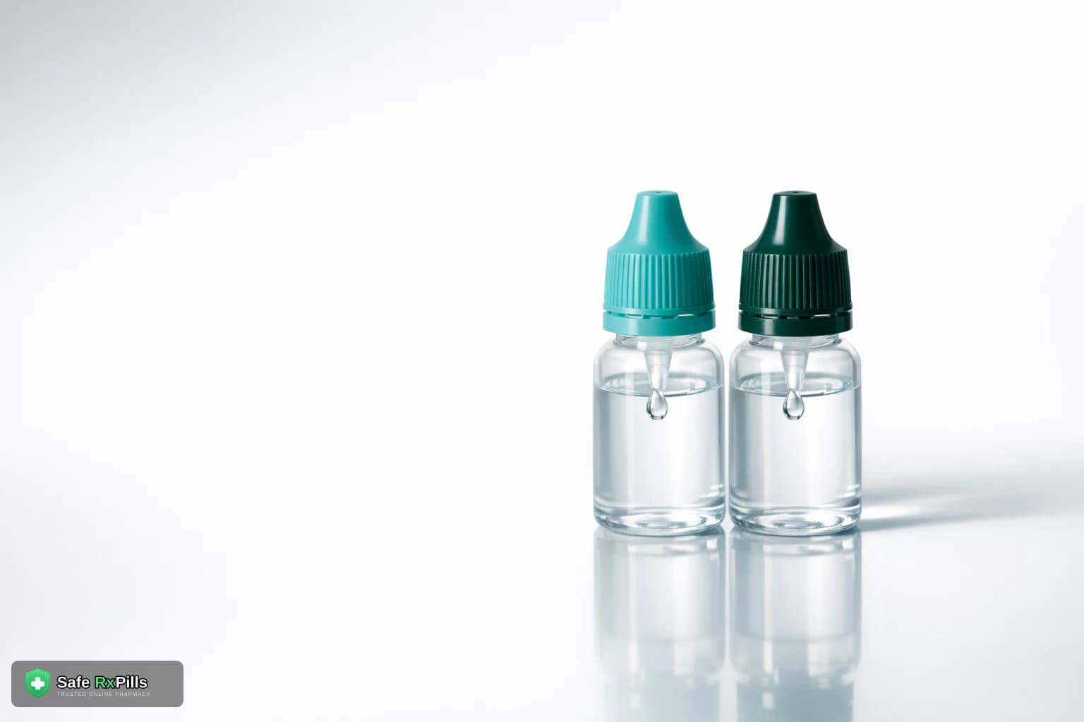 Two identical unlabeled eye drop bottles with teal and dark green caps reflected on a glossy surface