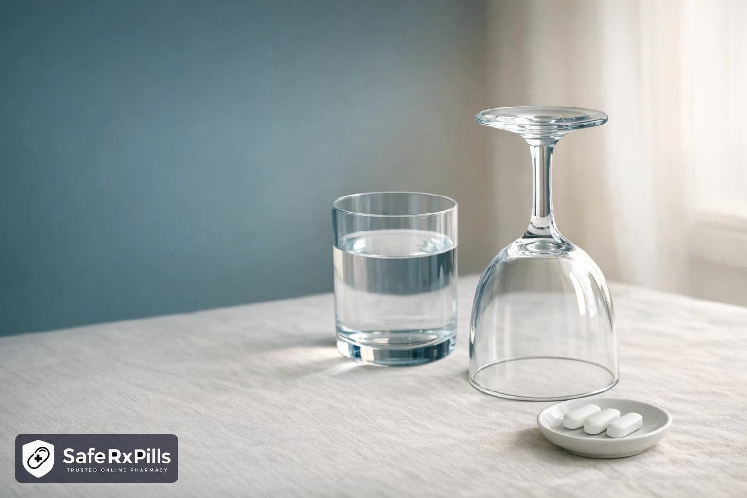 An empty wine glass turned upside down beside a glass of water and three white oval tablets on a small dish, on a pale tablecloth
