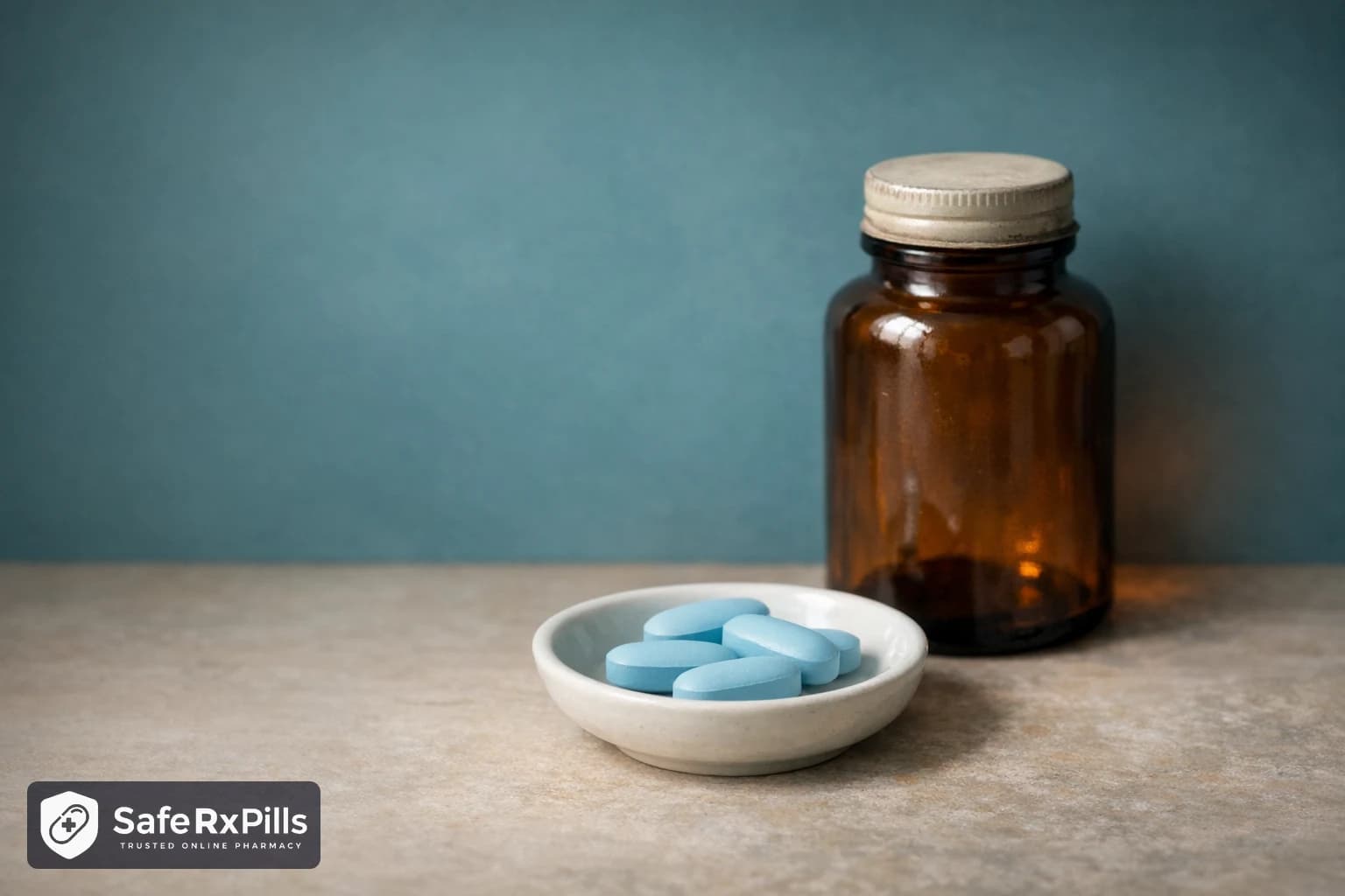 An empty unlabelled amber glass pharmacy bottle behind a small white dish of plain light blue oblong tablets on a stone surface