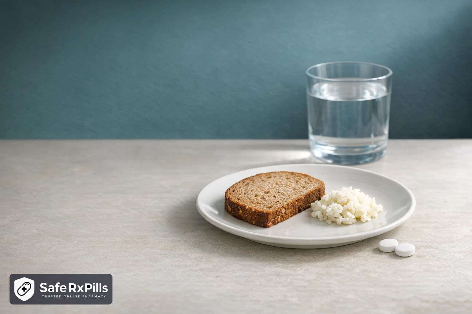 A white plate with a slice of wholegrain bread and a spoonful of rice beside two small white round tablets and a glass of water on a pale stone table