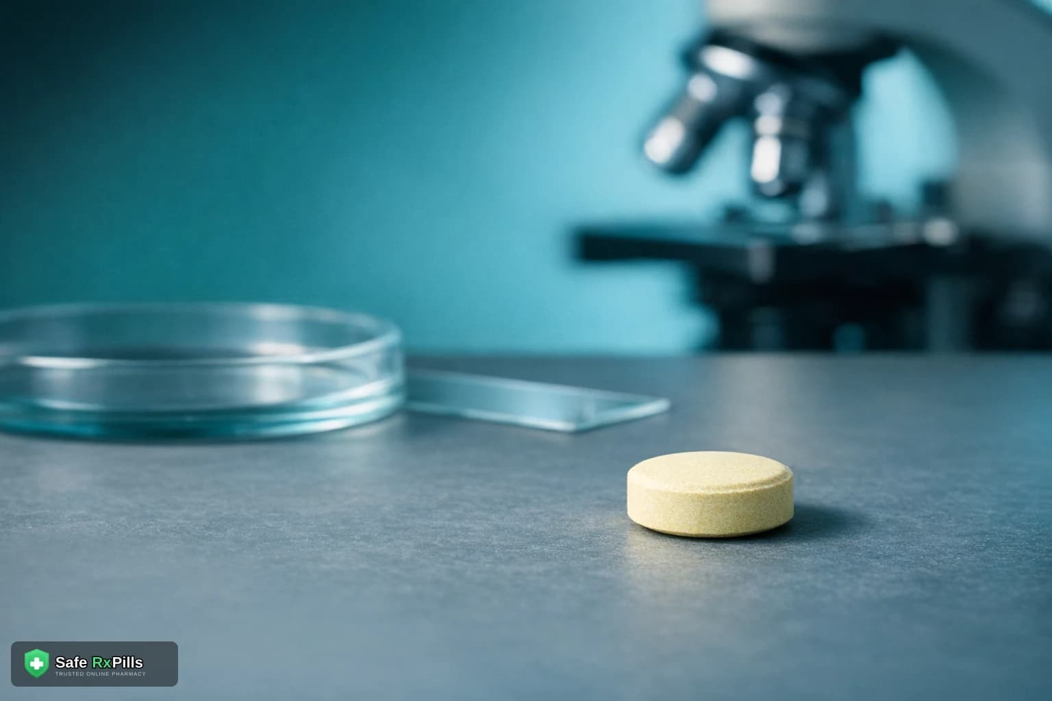 Pale yellow chewable tablet in front of a petri dish, microscope slide and laboratory microscope