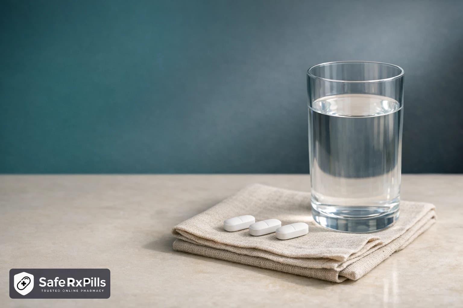Three plain white oval tablets in a row on a folded linen napkin beside a tall glass of water against a muted teal background