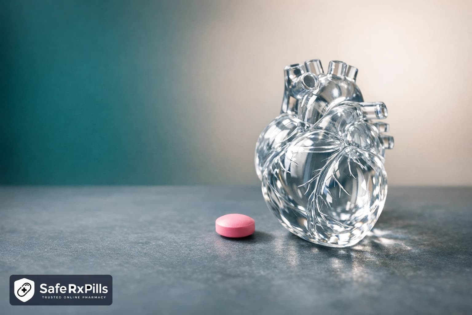 A small pink round tablet on grey stone beside a clear glass model of a human heart