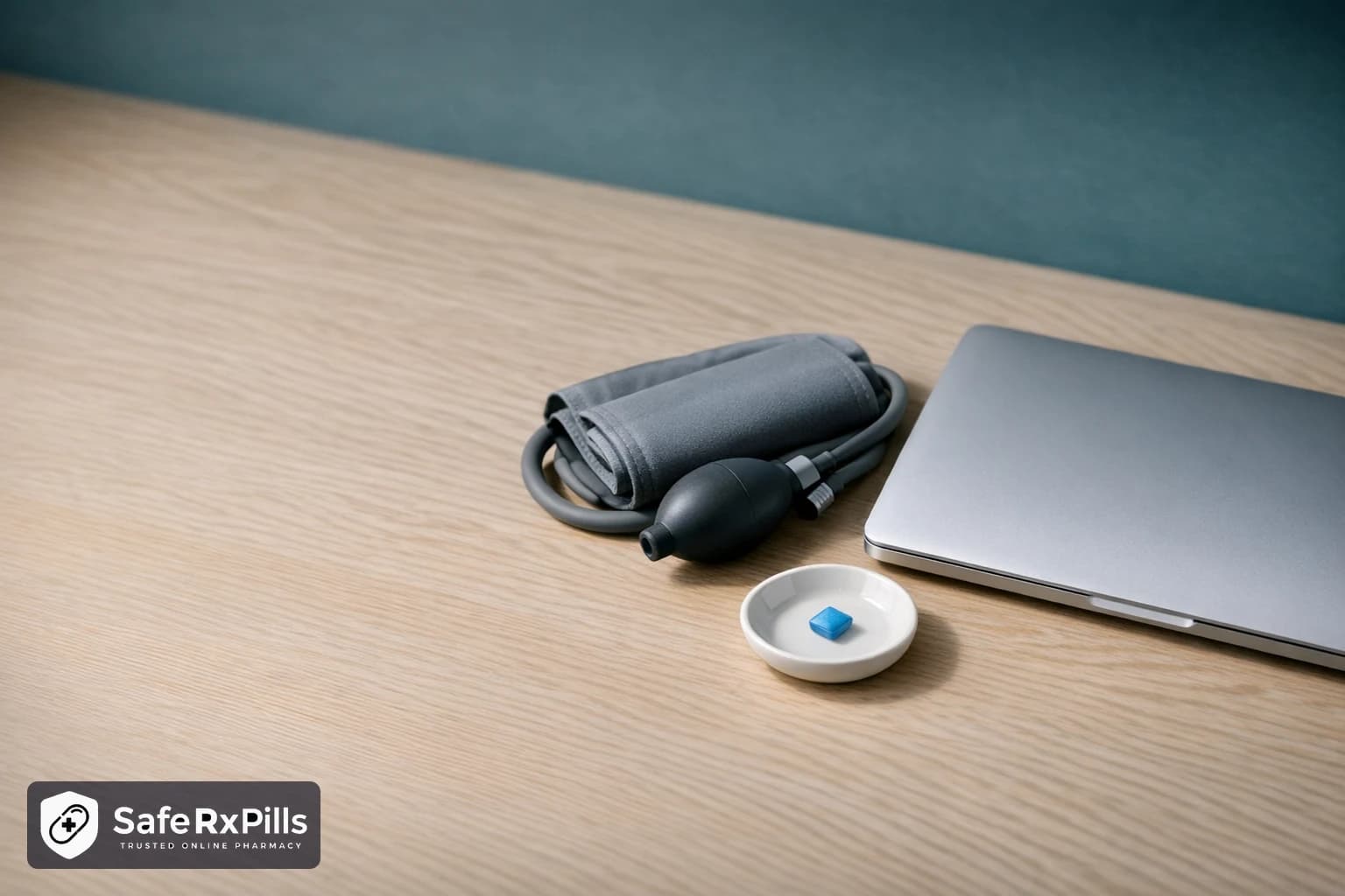 A pale oak desk with a closed silver laptop, a coiled grey blood pressure cuff with a black rubber bulb, and a single small blue tablet on a white ceramic dish