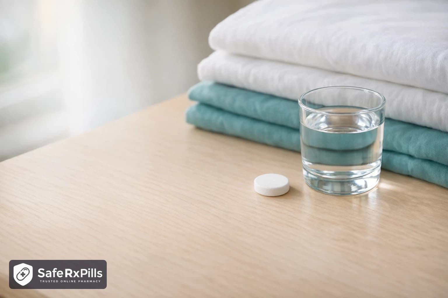 A single plain white round tablet and a small glass of water on a pale wooden bedside table, in front of a stack of neatly folded white and teal bedsheets, in soft window light