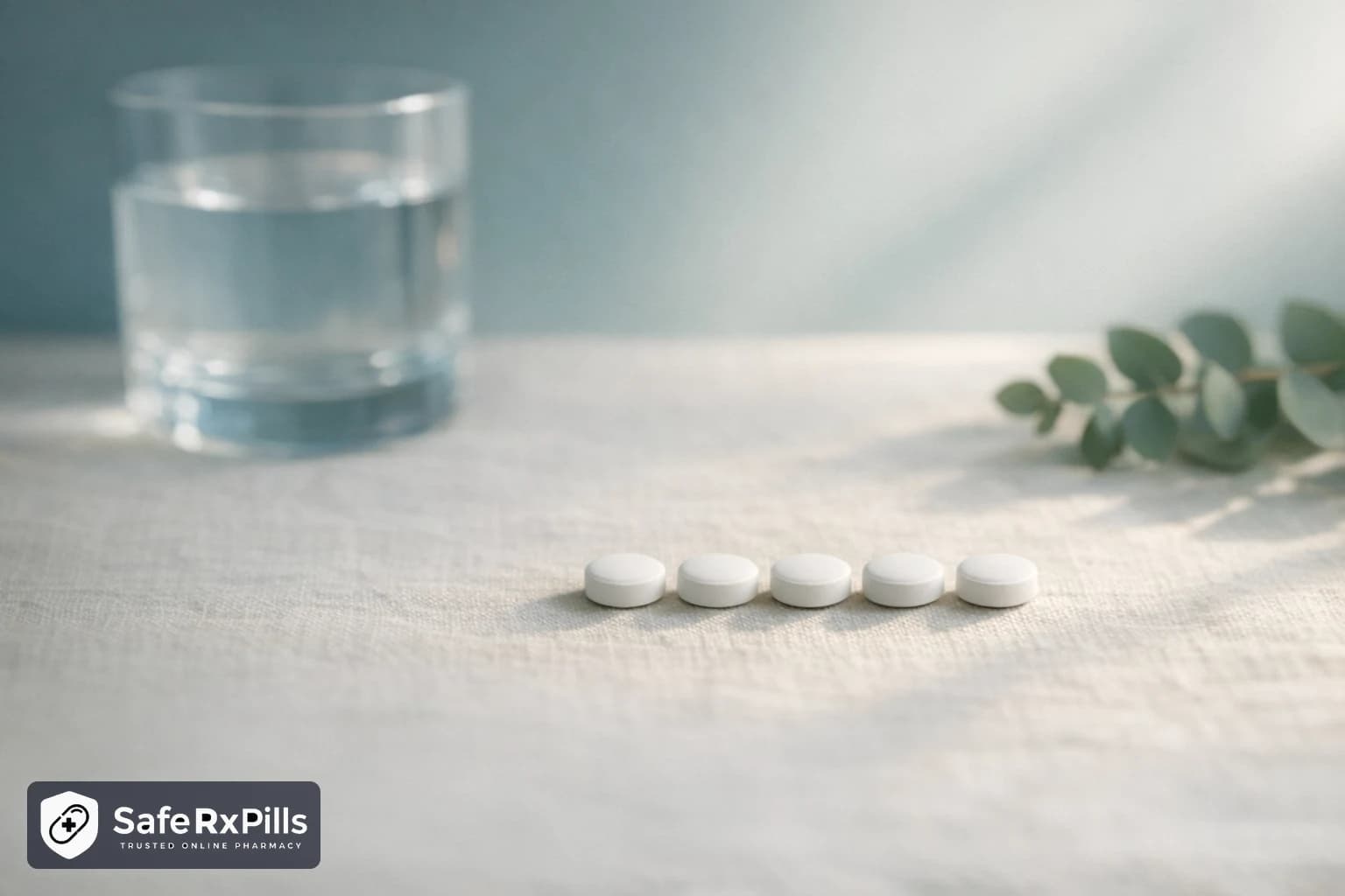 Five small round white tablets in a row on pale linen in morning light, with a glass of water and a sprig of eucalyptus
