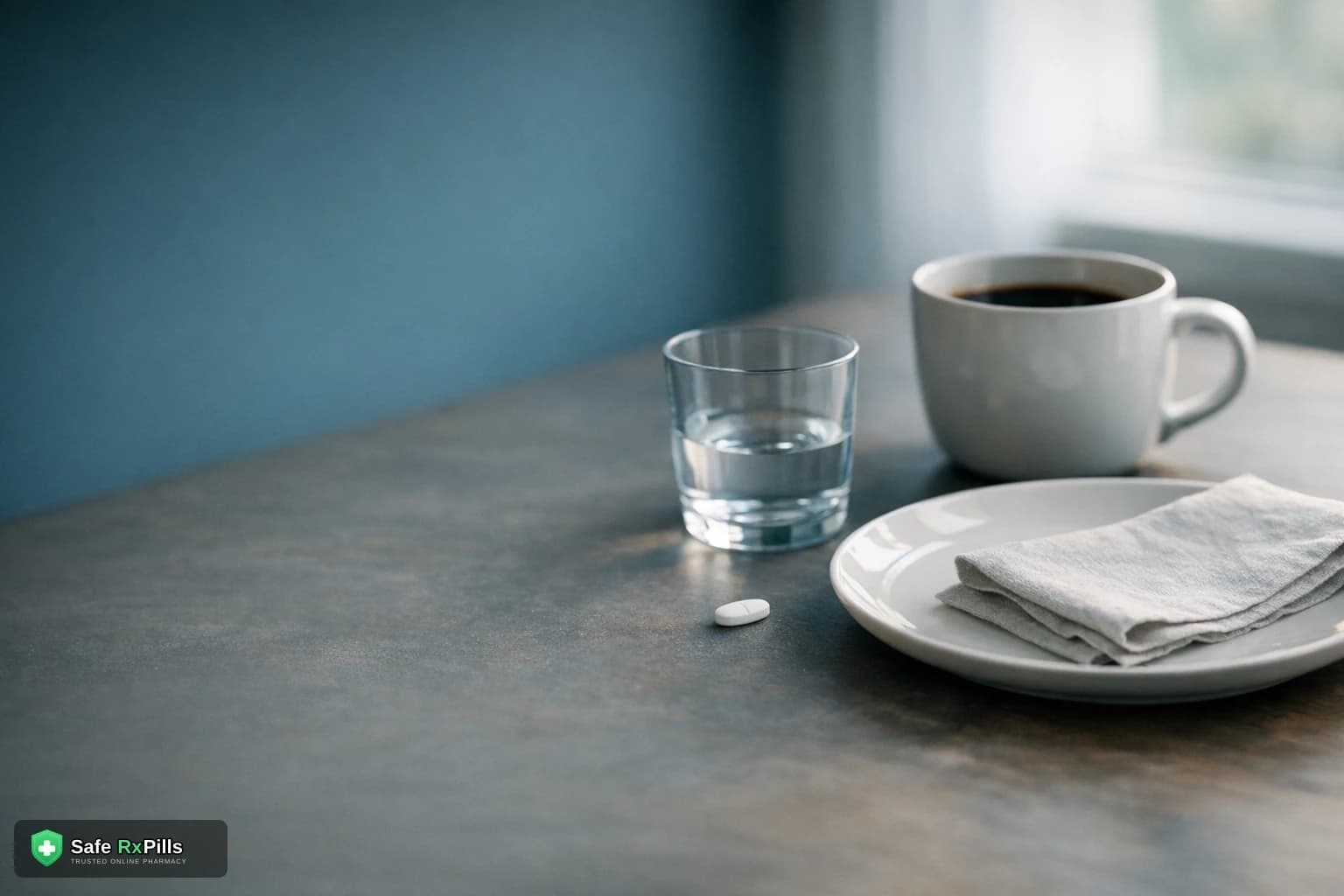 Small white tablet beside a glass with a few sips of water, an empty breakfast plate and a cup of coffee waiting