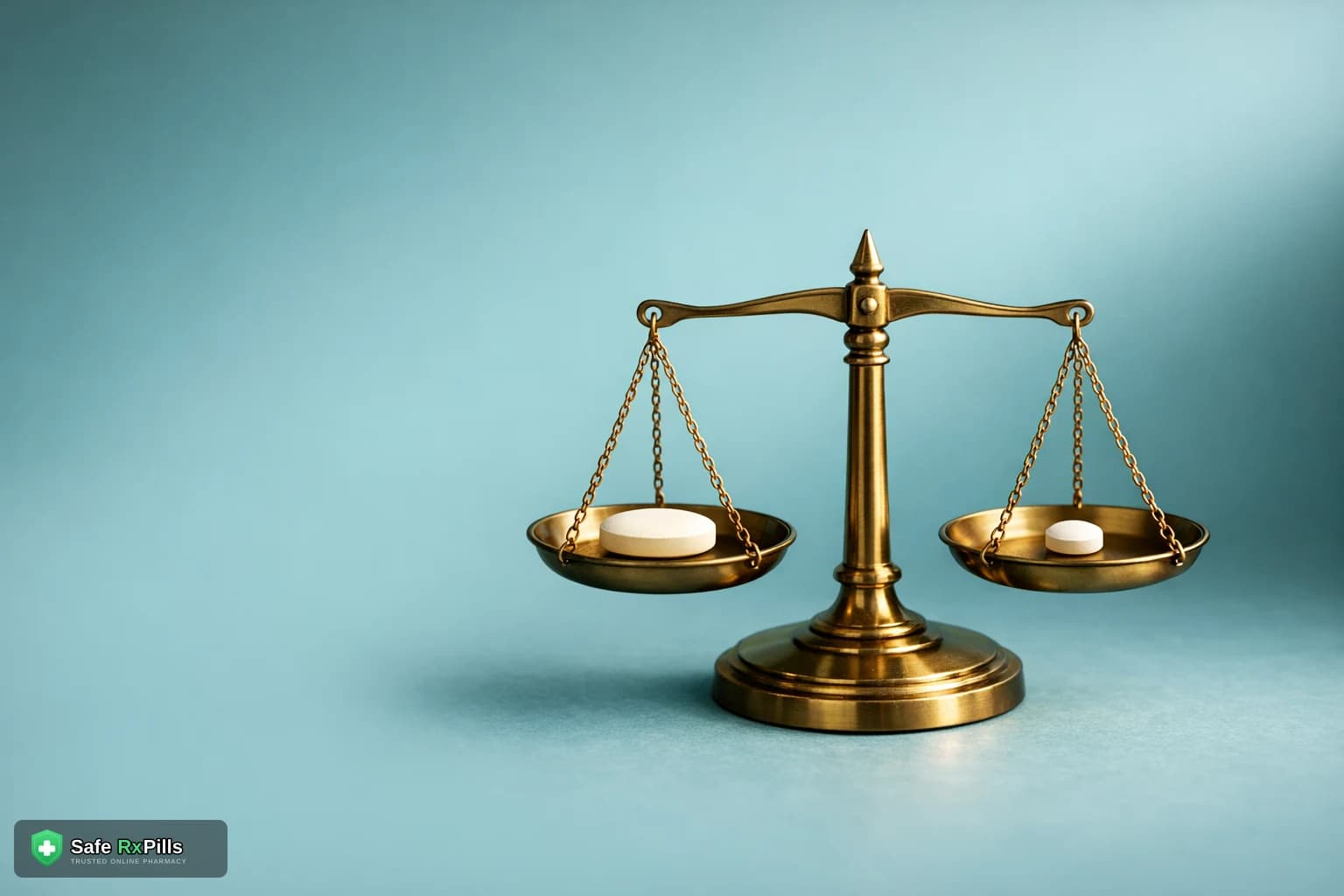 A brass balance scale with a pale tablet in each pan, held level against a soft teal background