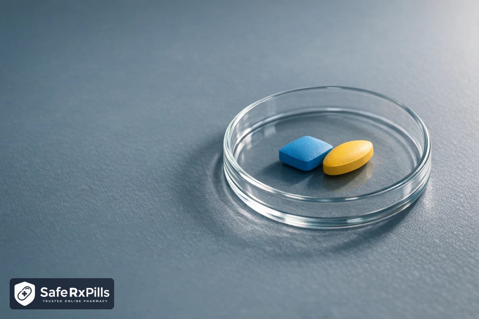 A clear glass petri dish on a grey surface holding two tablets side by side: a blue diamond-shaped tablet and a yellow oval tablet