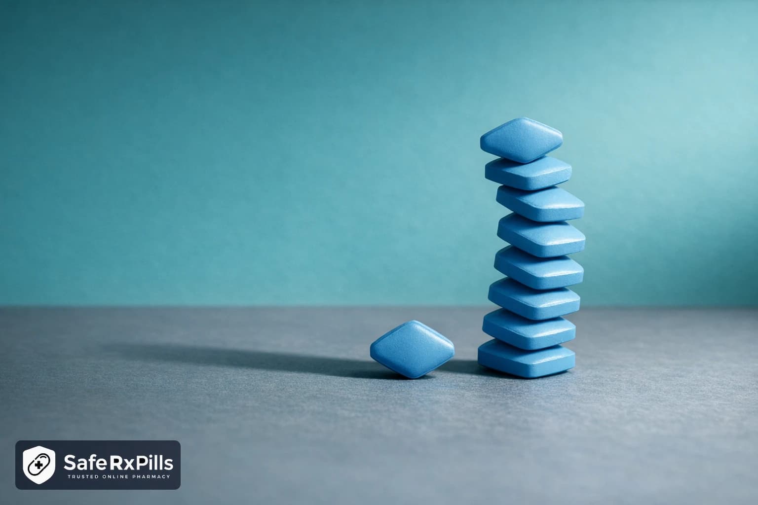 A tall stack of blue diamond-shaped tablets on a slate grey surface beside a single tablet lying on its own, against a teal background
