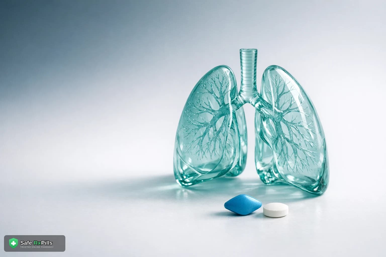 Glass model of human lungs with a blue diamond tablet and a white round tablet, showing sildenafil's two uses