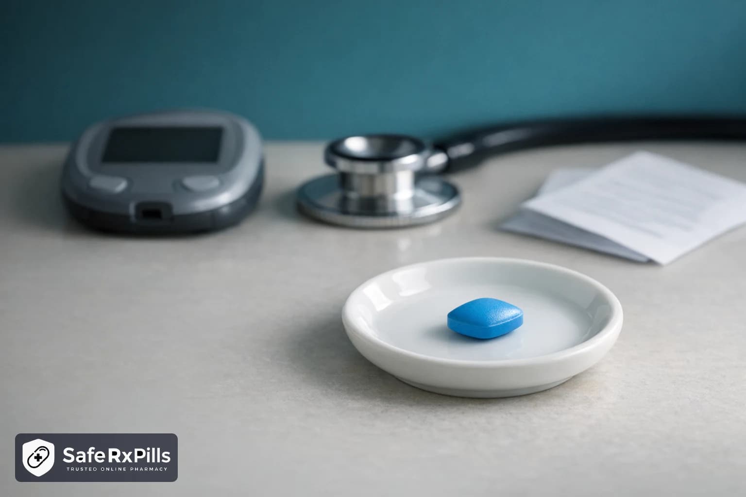 A single blue tablet on a small white dish, with a grey glucose meter, a stethoscope and folded papers softly out of focus behind it