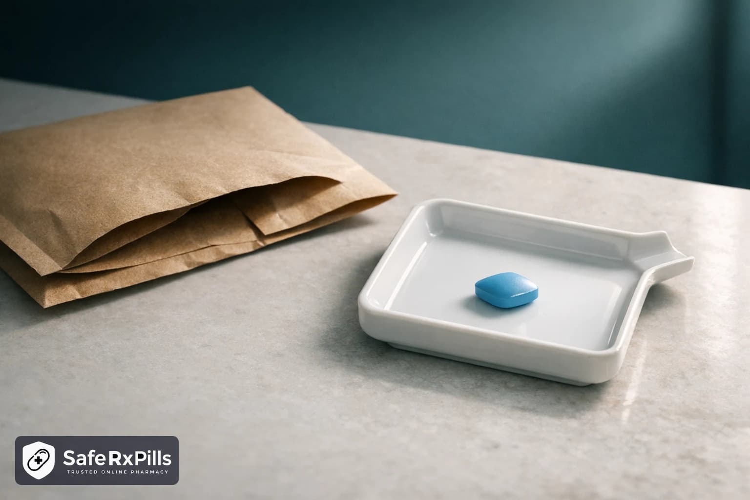 A single blue diamond-shaped tablet in a white pharmacy counting tray on a stone counter, beside a plain brown mailing envelope