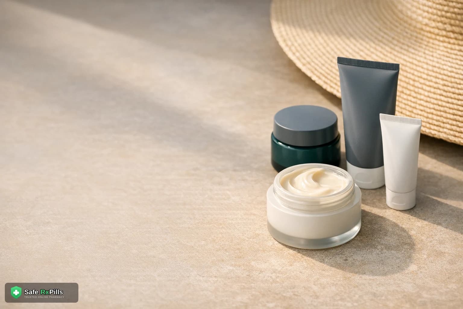 Unlabelled cream jars and tubes on a stone surface beside the brim of a straw sun hat