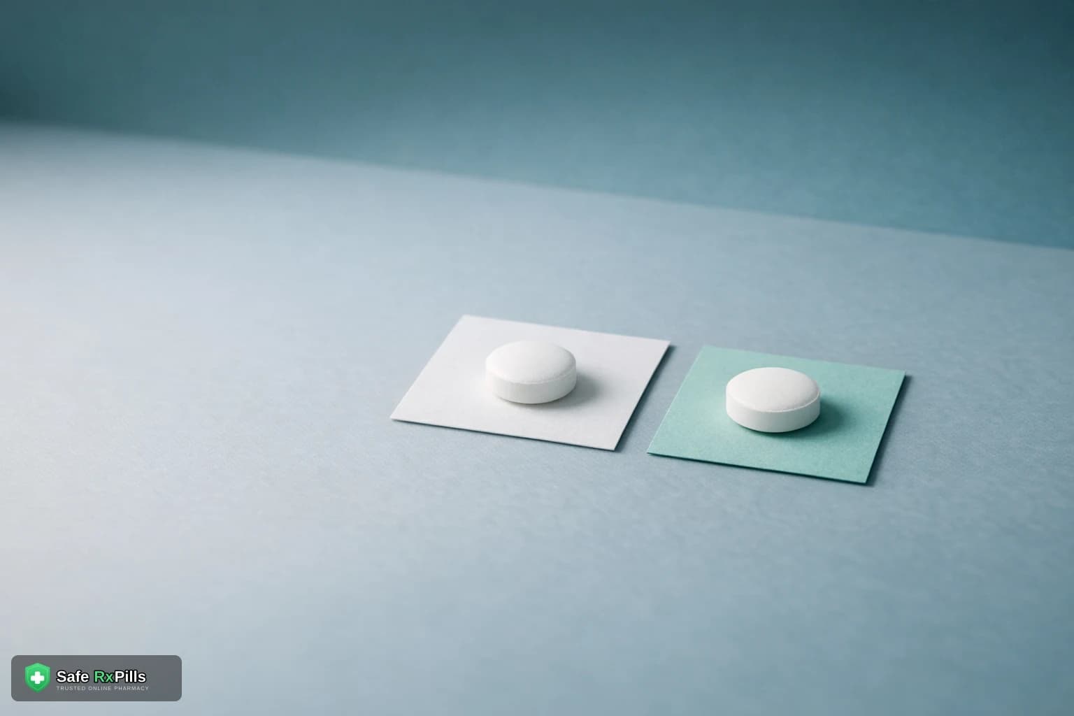 Two identical plain white tablets side by side, one on a white card and one on a teal card