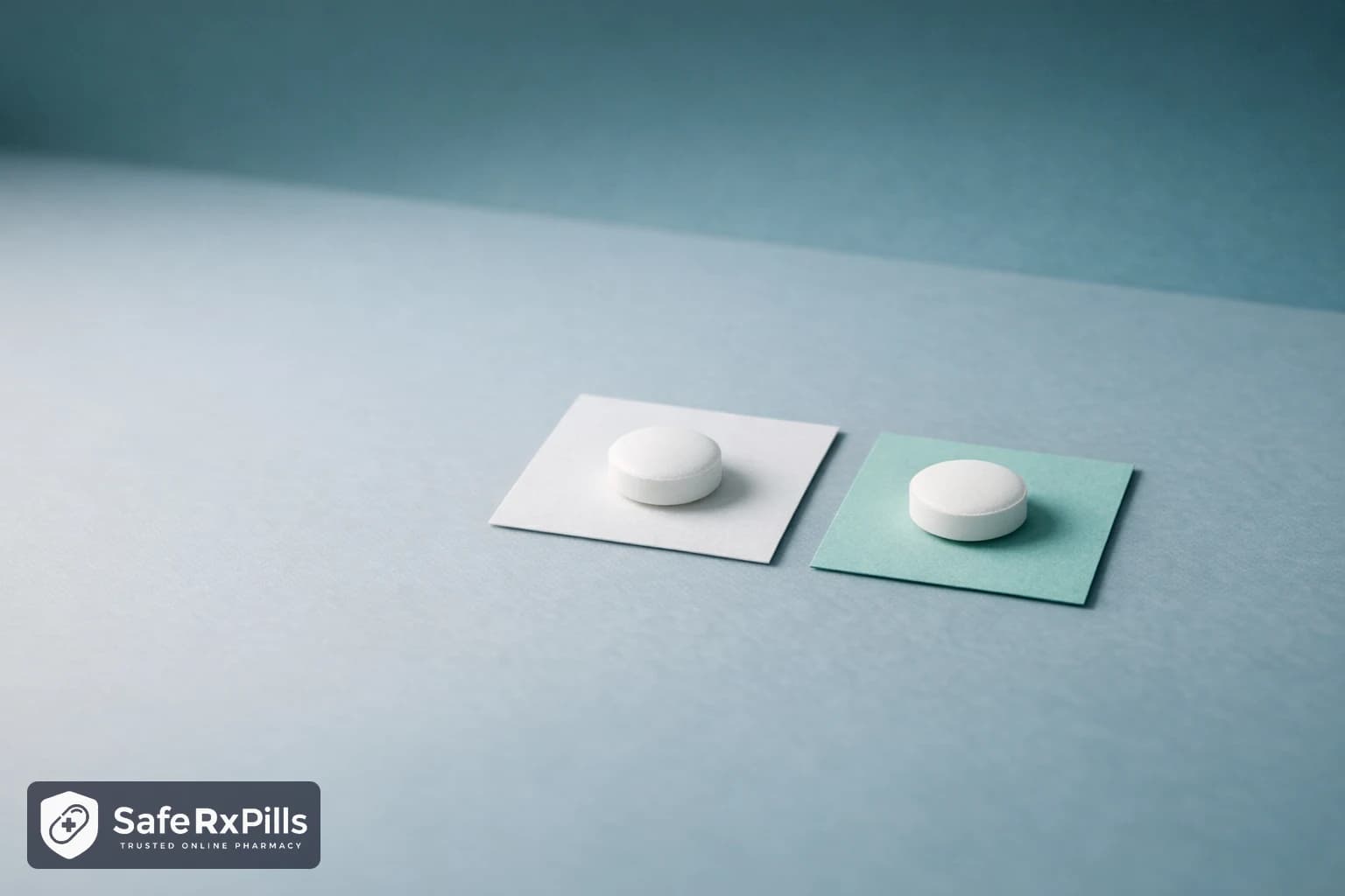 Two identical plain white tablets side by side, one on a white card and one on a teal card