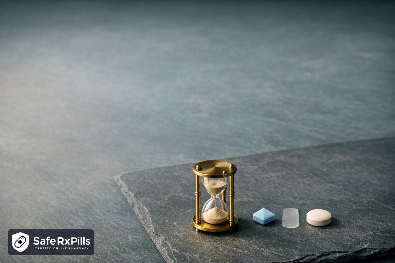Small brass hourglass on a slate surface beside a pale blue diamond tablet, a translucent film strip and a round white tablet, contrasting dissolving and standard ED tablet forms against time
