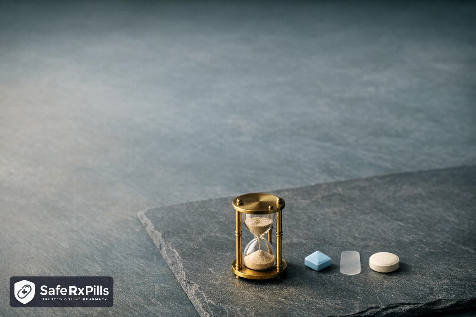 Small brass hourglass on a slate surface beside a pale blue diamond tablet, a translucent film strip and a round white tablet, contrasting dissolving and standard ED tablet forms against time