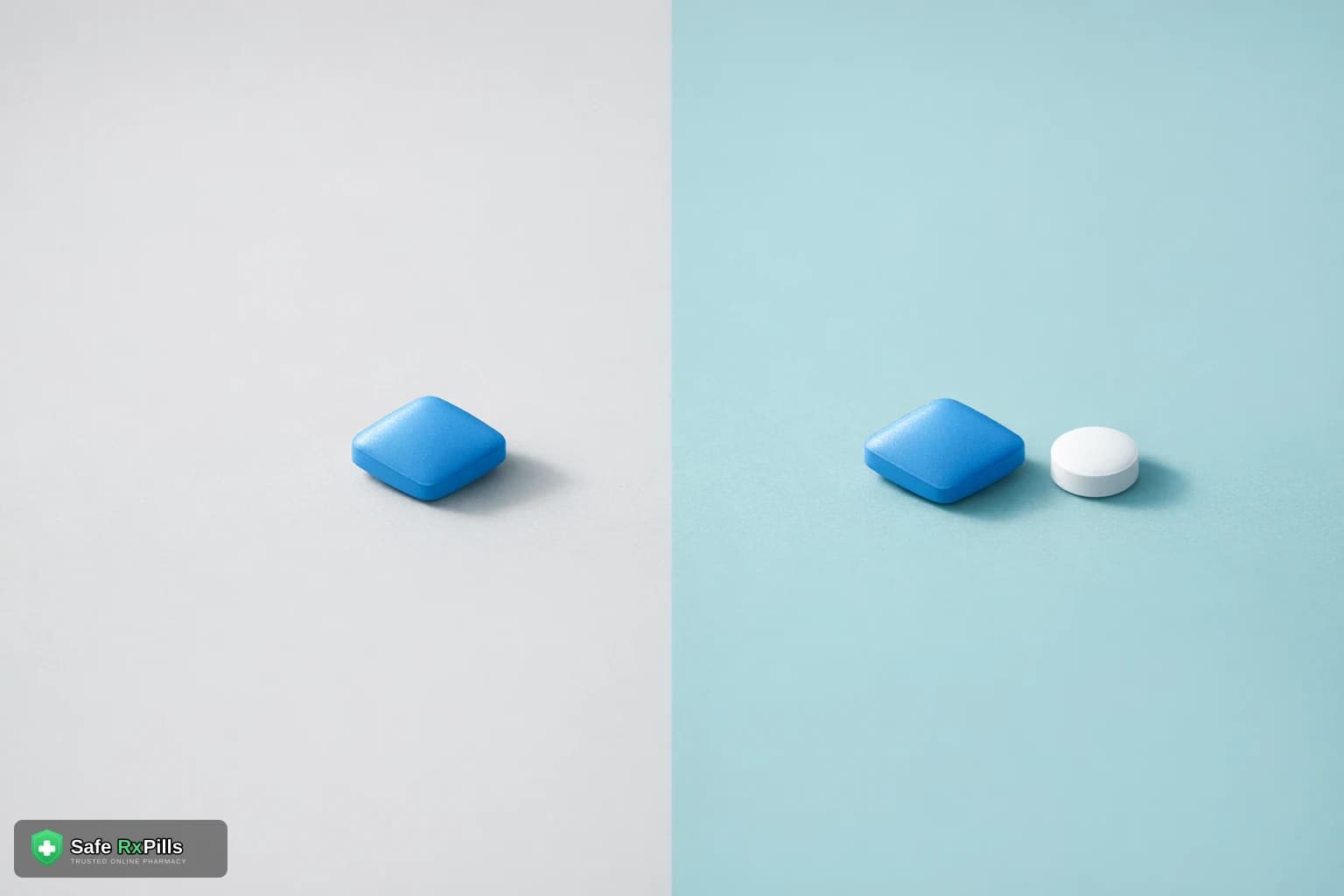 A single blue diamond-shaped tablet on one side, and the same tablet beside a small white round tablet on the other
