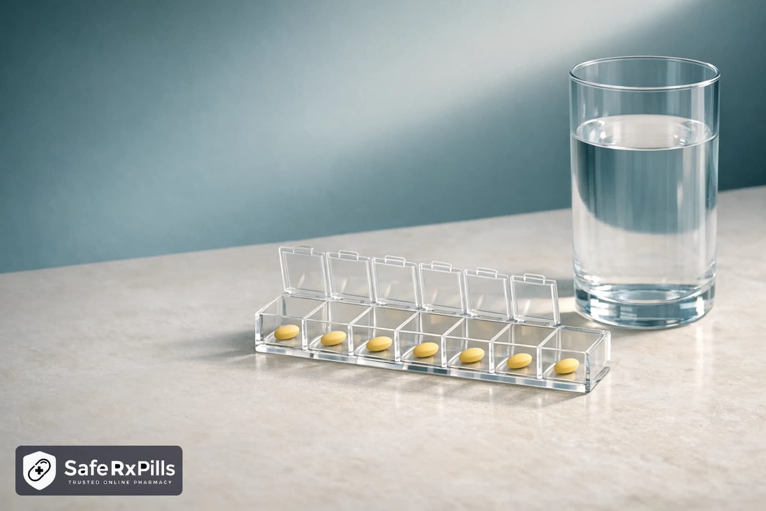 A clear seven-compartment pill organiser on a light surface with one small yellow almond-shaped tablet in each compartment, next to a glass of water