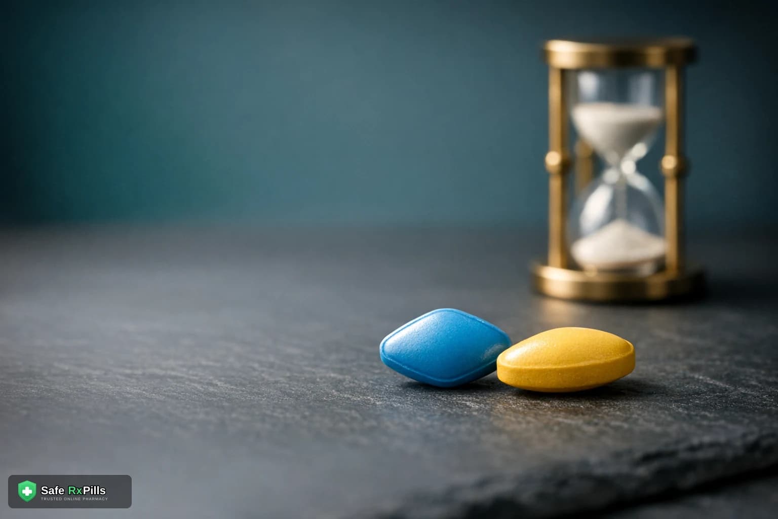 Blue tablet and yellow almond shaped tablet side by side with an hourglass, comparing sildenafil and tadalafil