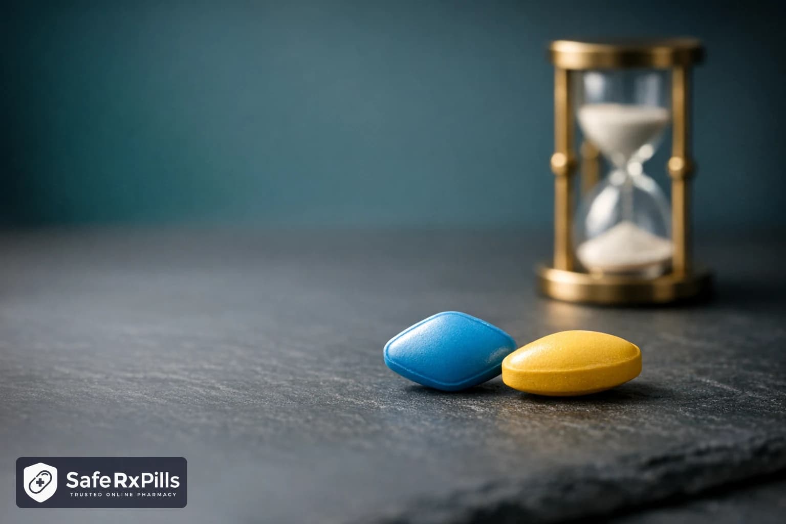 Blue tablet and yellow almond shaped tablet side by side with an hourglass, comparing sildenafil and tadalafil