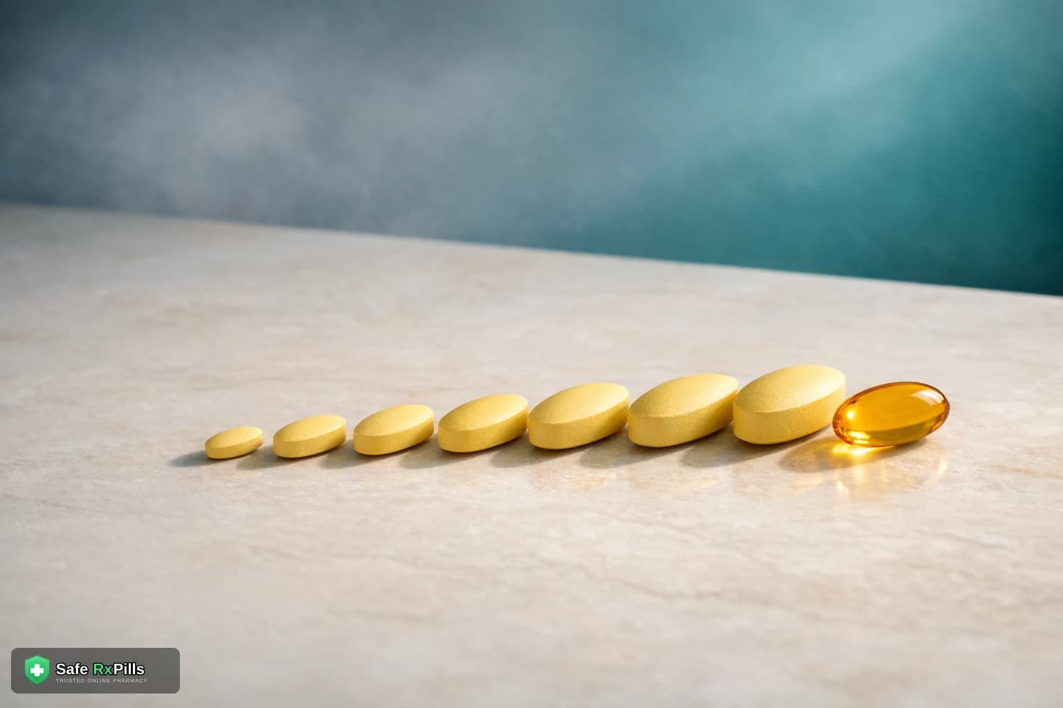 A row of plain yellow almond shaped tablets growing in size on a pale stone surface, ending with an amber soft gel capsule
