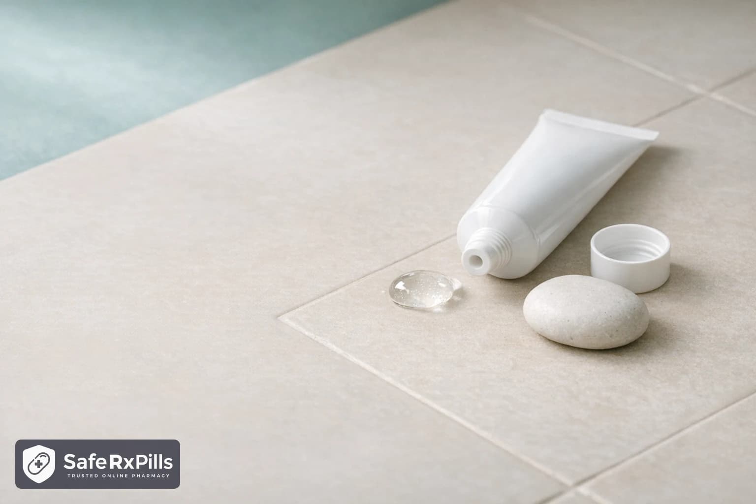 A plain white gel tube with its cap off and a small clear dab of gel on a pale ceramic tile beside a smooth white river stone, in soft light