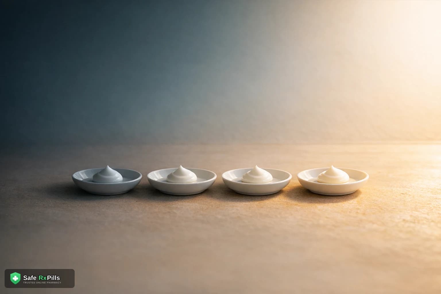 Four small dishes of white cream in a row with light brightening from left to right, illustrating gradual results with tretinoin over weeks