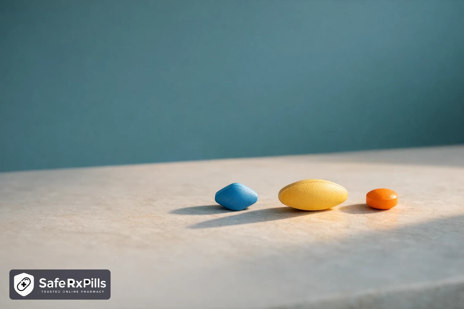 Three unmarked tablets in a row on pale stone, a blue diamond, a yellow almond shape and an orange round, the yellow one casting a longer shadow