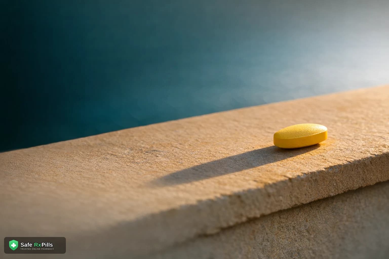 Yellow almond shaped tadalafil tablet on a sandstone ledge casting a long evening shadow