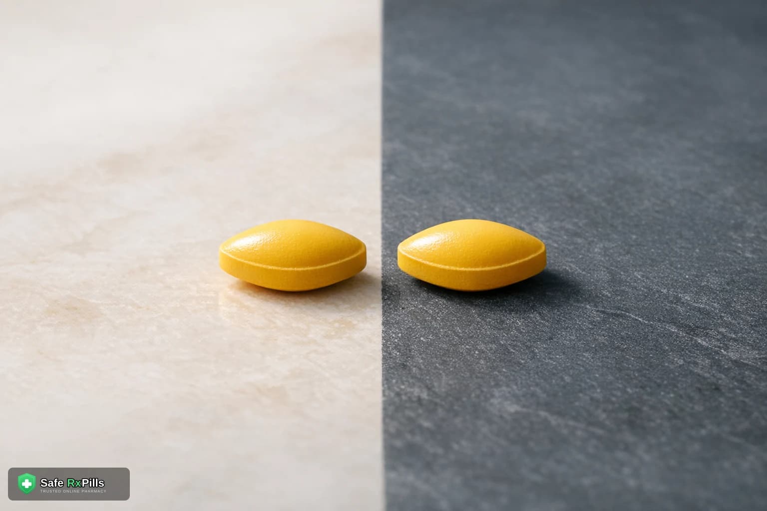 Two identical yellow almond shaped tadalafil tablets on a surface split between pale marble and dark slate
