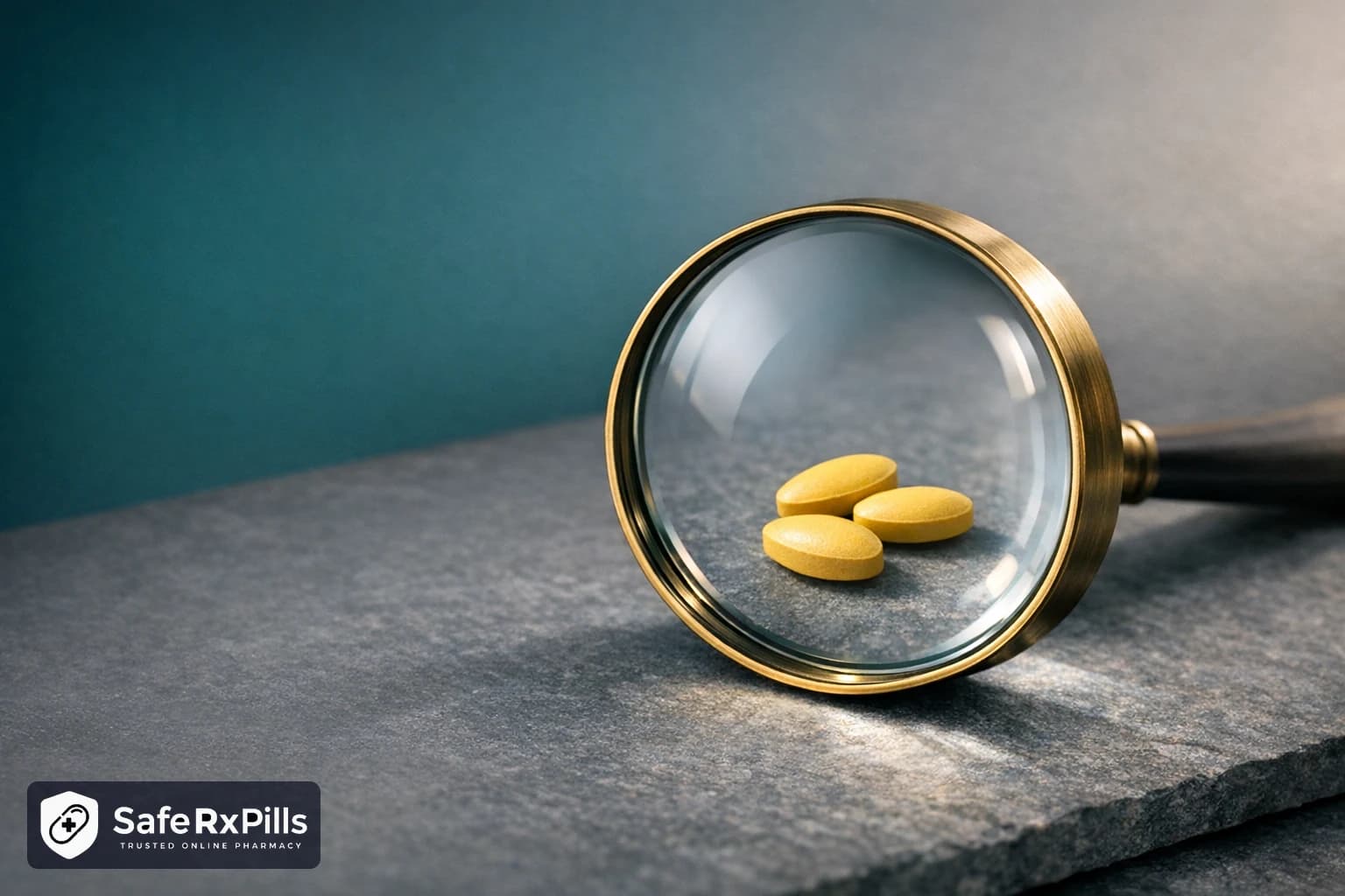 A brass-rimmed magnifying glass resting over three small yellow almond-shaped tablets on a slate grey surface against a teal background