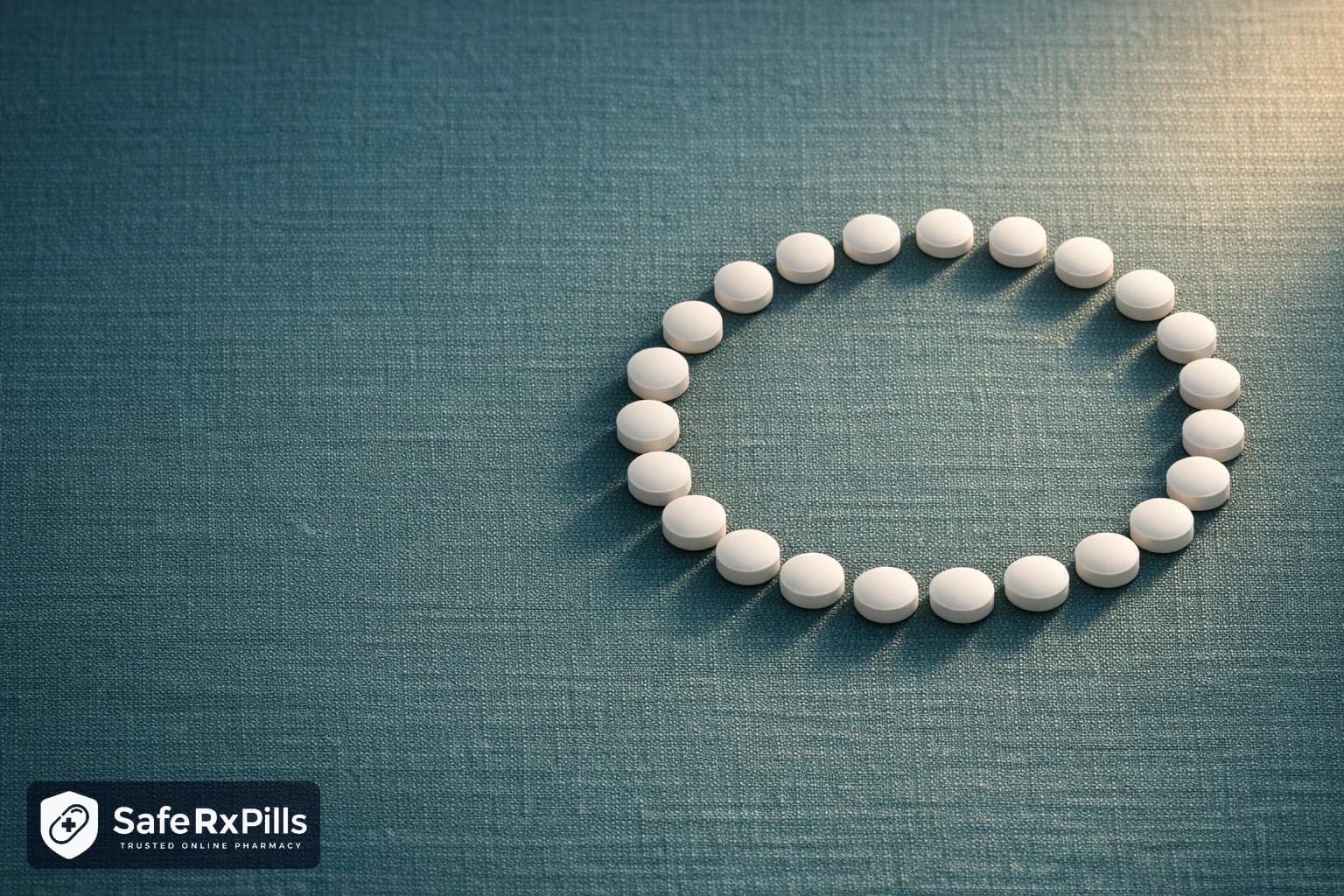Small white round tablets arranged in a single unbroken circle on a textured teal linen surface