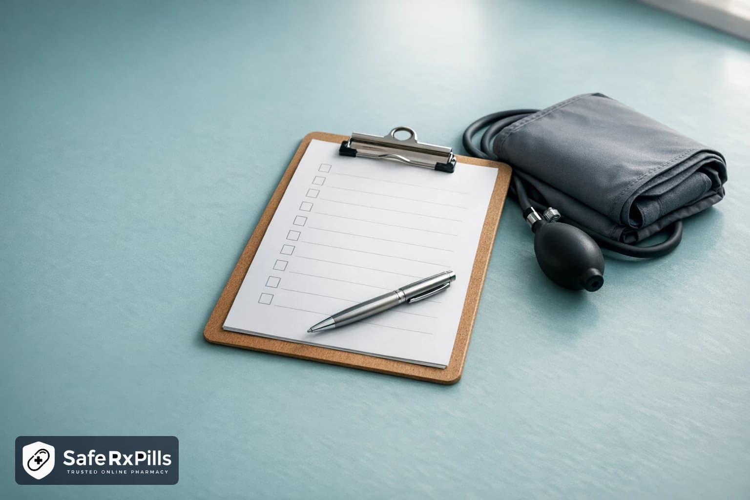 A wooden clipboard holding a blank checklist of empty tick boxes, with a pen, beside a grey blood pressure cuff on a light blue desk