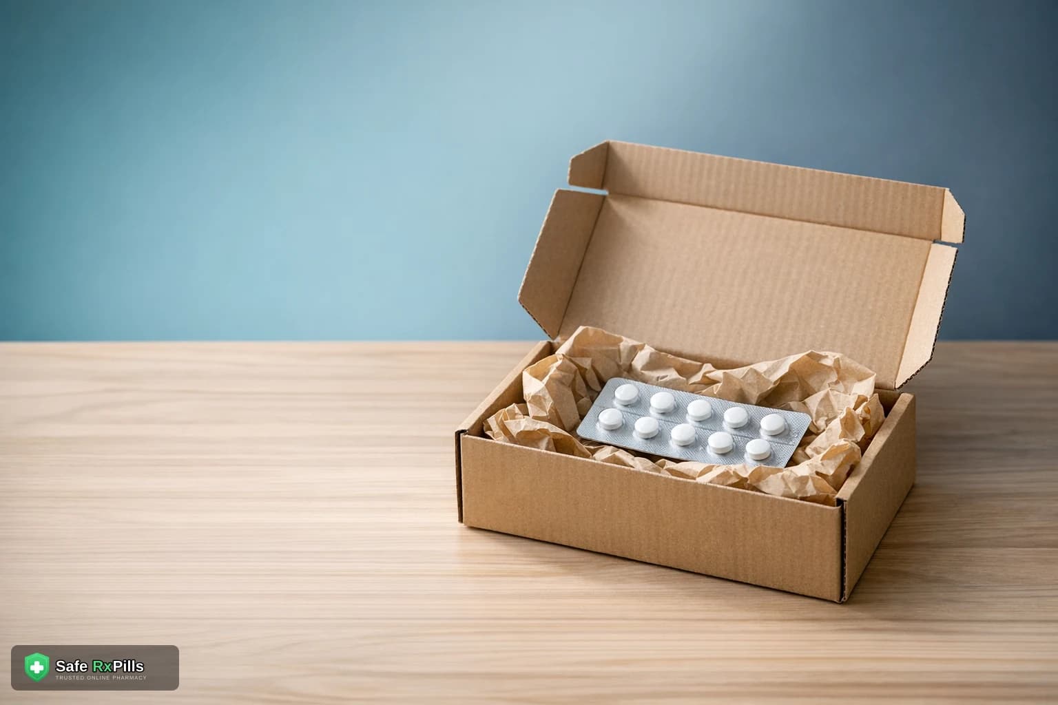 Opened plain cardboard shipping box holding a blister strip of white tablets on a wooden table