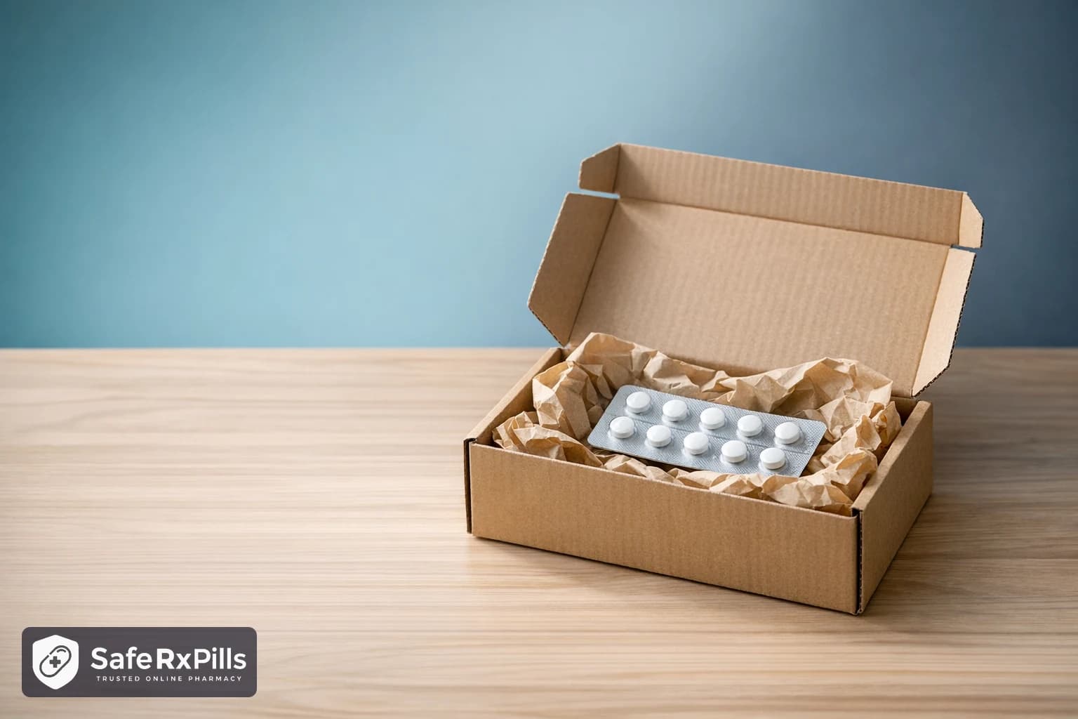 Opened plain cardboard shipping box holding a blister strip of white tablets on a wooden table