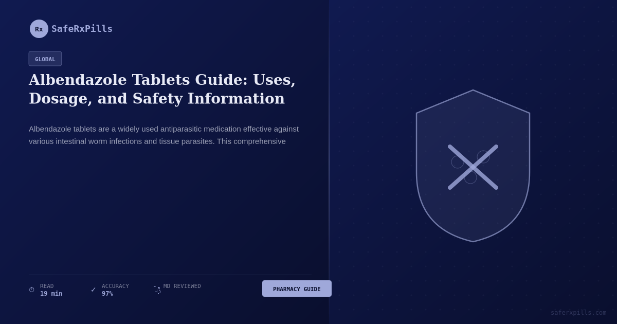 Albendazole tablets guide showing medication packaging, dosage information, and usage instructions for parasitic infections
